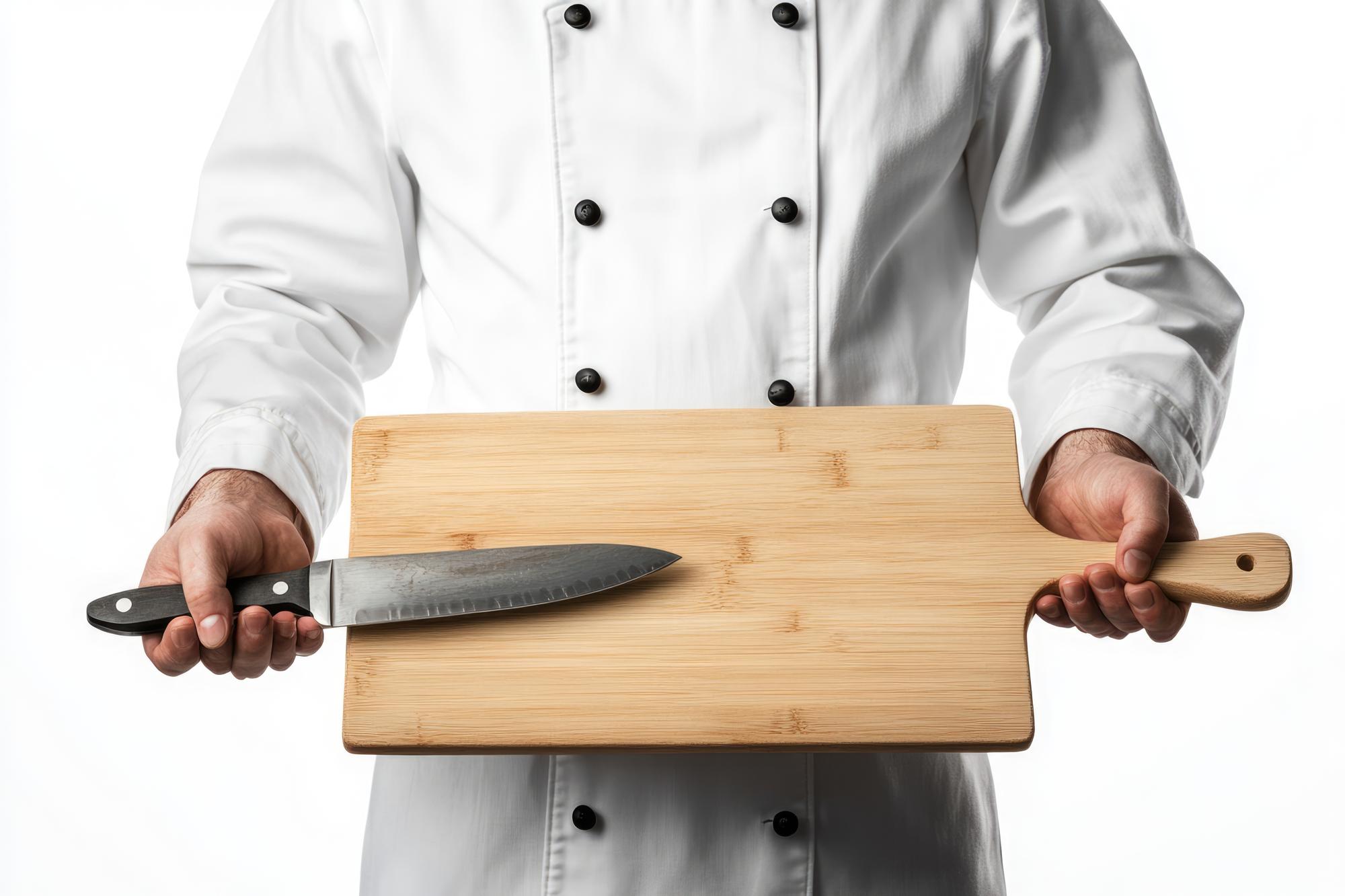 Chef demonstrating slicing technique on wooden board